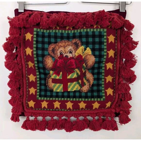 Needlepoint Christmas Pillow Teddy Bear Present Red Velvet Tassels 14" - Picture 1 of 4